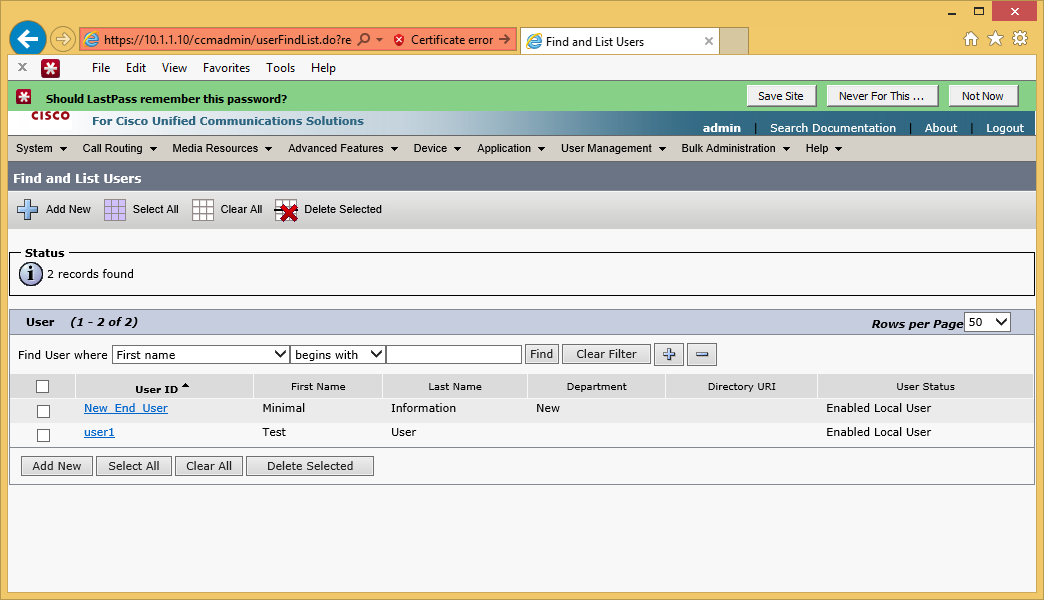 CUCM GUI: New End User visible