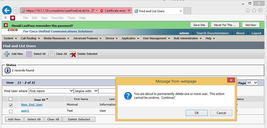 CUCM GUI: New End User deleted