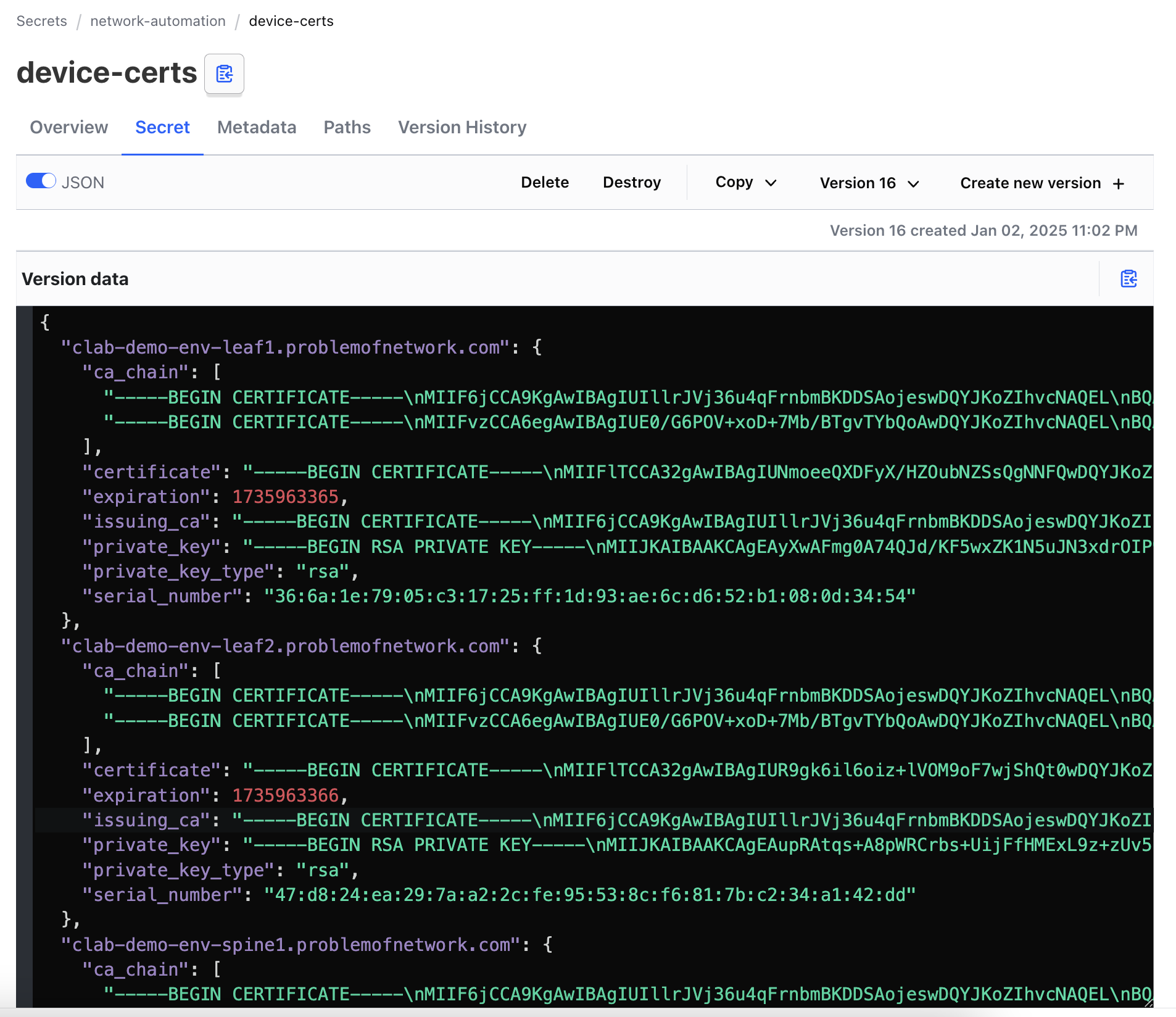 screenshot showing the three devices with clab FQDNs in the device-certs path of vault