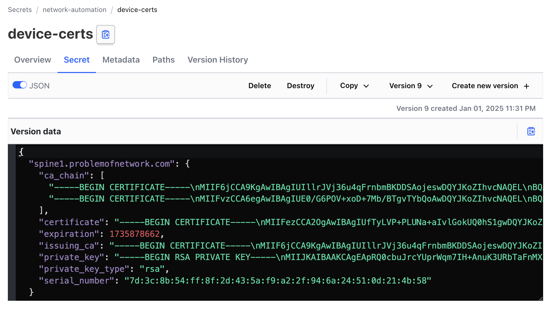 screenshot with patched kv secret showing the cert