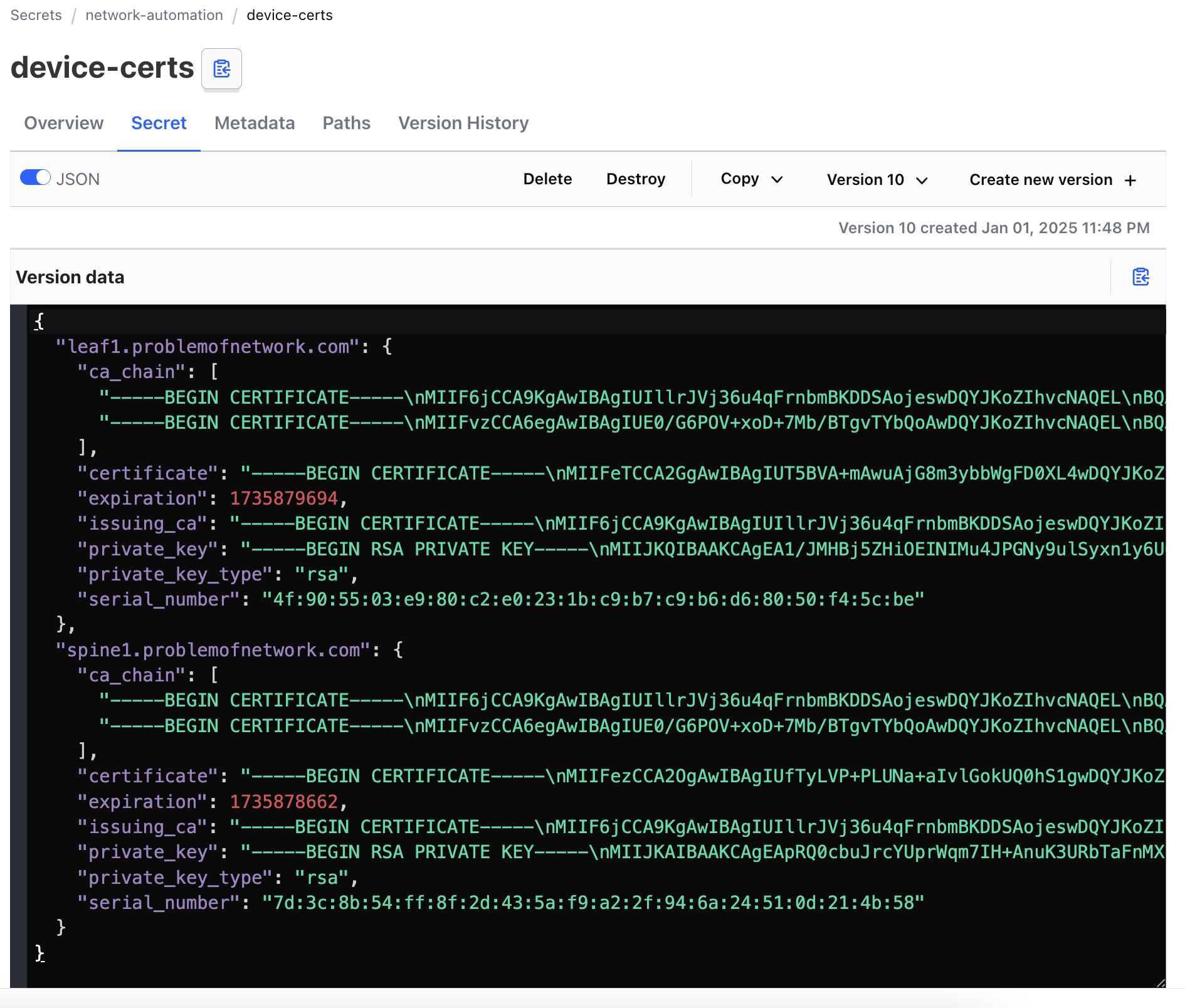 screenshot with two devices showing under the device-certs kv path